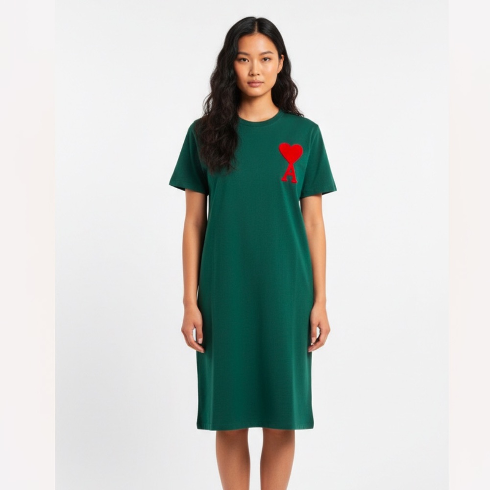 AMI ALEXANDRE MATTIUSSI RED HEART LOGO-PRINT T-SHIRT DRESS NWT ONE SIZE PARISIAN